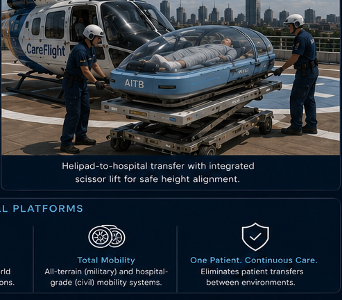 Civil AITB offloaded from CareFlight helicopter on hospital rooftop helipad