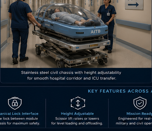 Civil AITB being wheeled through hospital hallway toward ICU